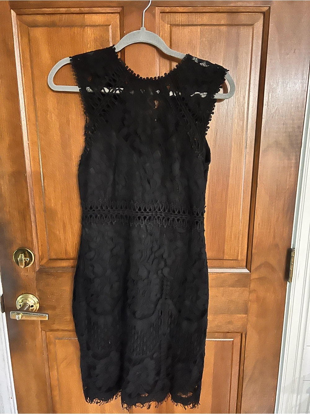 Main Strip Black Lace Cap-Sleeve Sheath Dress